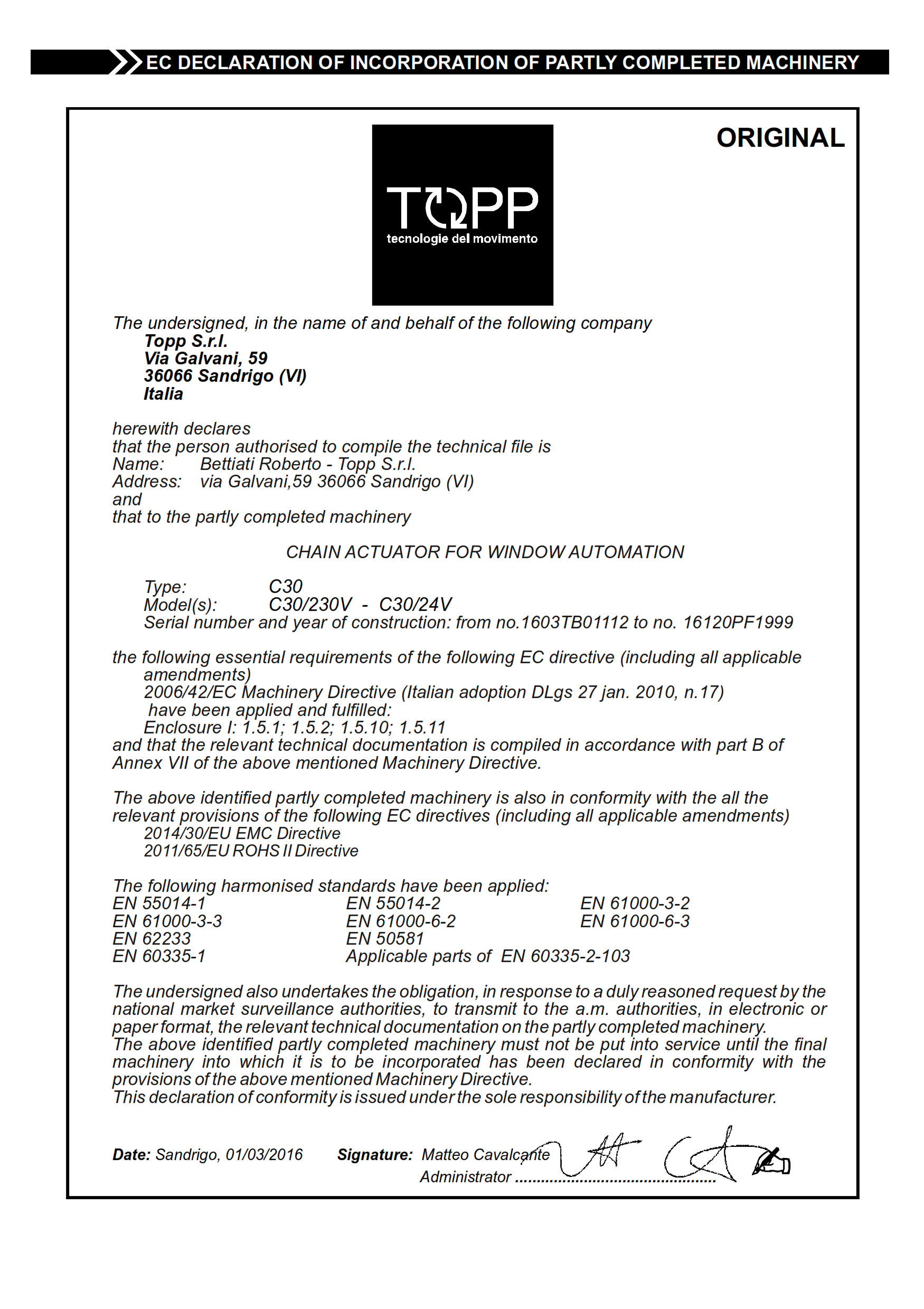 TOPP chain actuator C30 certifications 001