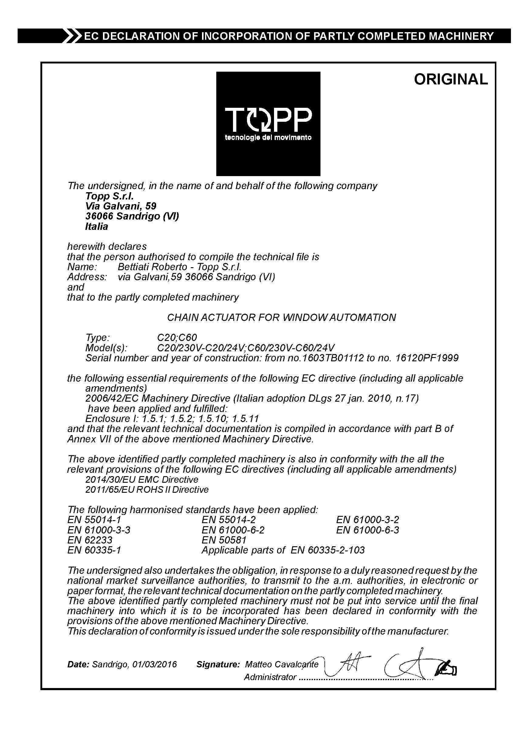 TOPP chain actuator C20 certifications